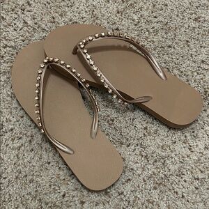 Elegant Tan Flip-Flops with Rhinestone Detailing